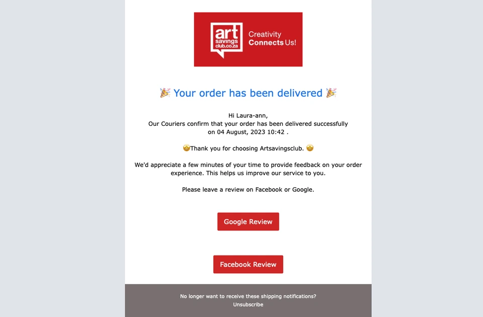 e-mail de notification de livraison avec demande de rétroaction d'un magasin d'art en ligne