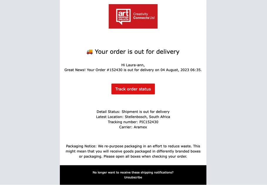 e-mail de suivi de commande personnalisé