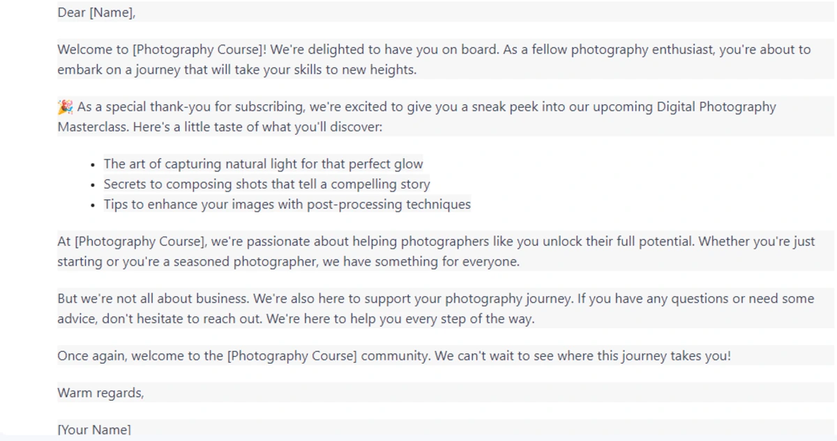 email de bienvenue pour cours de photographie