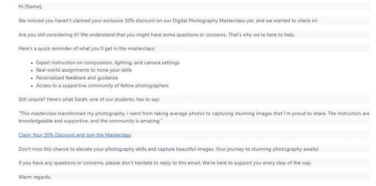 email de suivi pour cours de photographie
