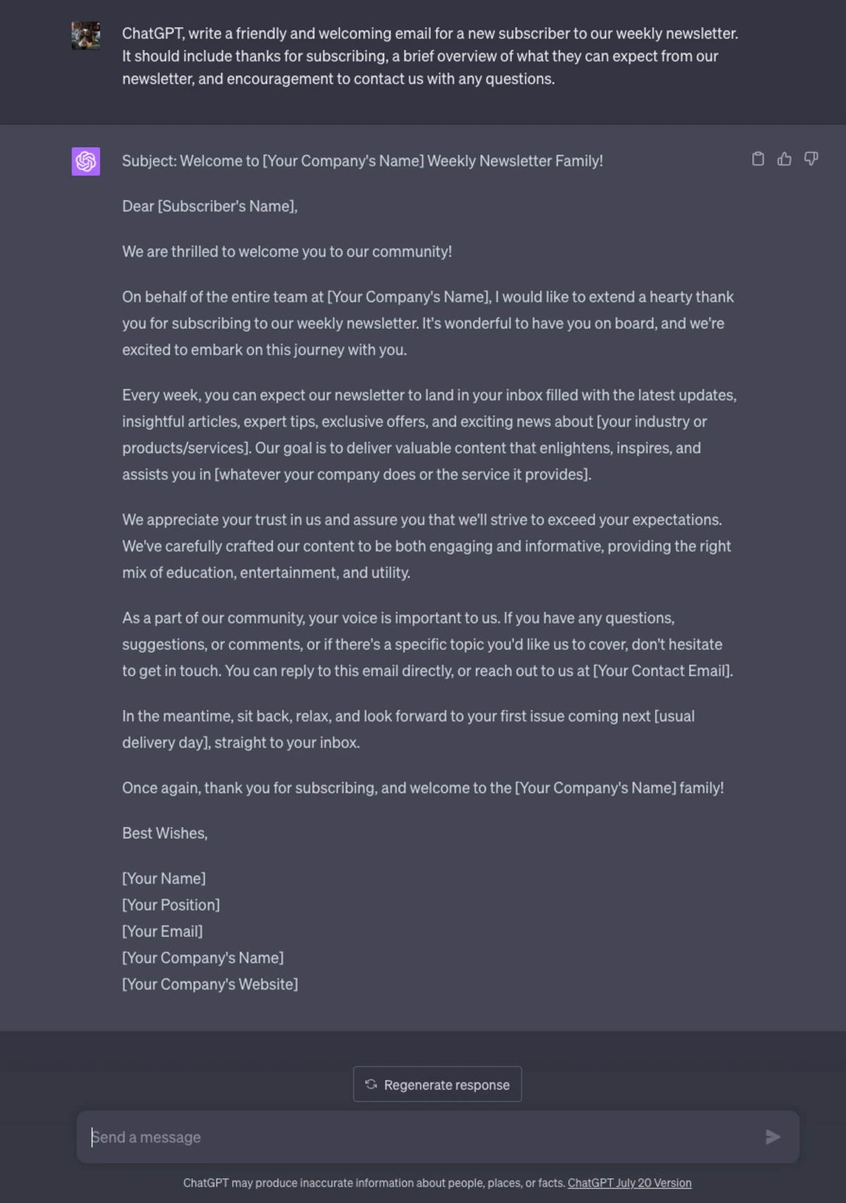e-mail de bienvenue amical chatgpt