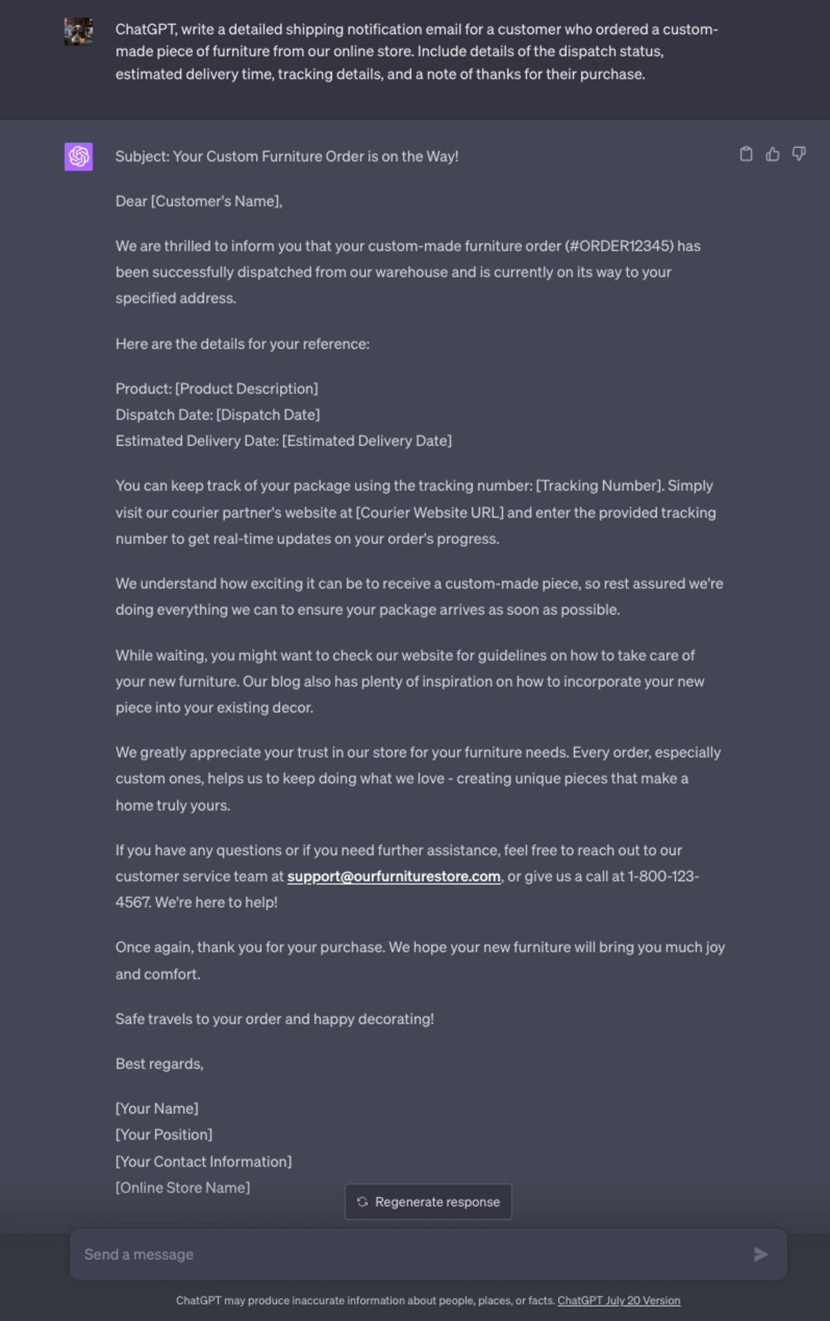 e-mail détaillé de notification d'expédition chatgpt