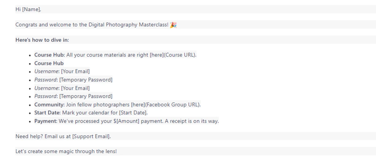 email de remerciement pour cours de photographie